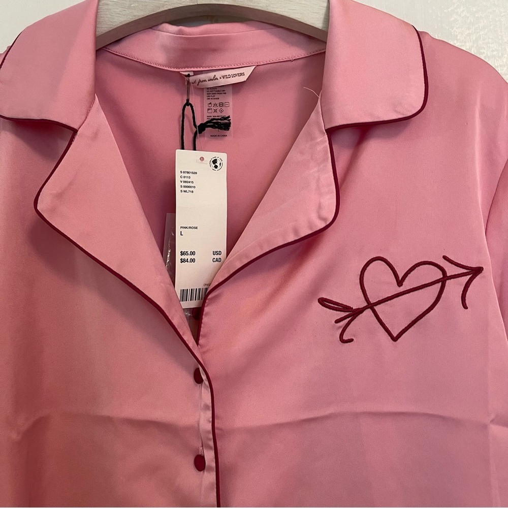 Out From Under x Wild Lovers Pink Pajama Shirt Button Down Heart Satin Large - Picture 12 of 14